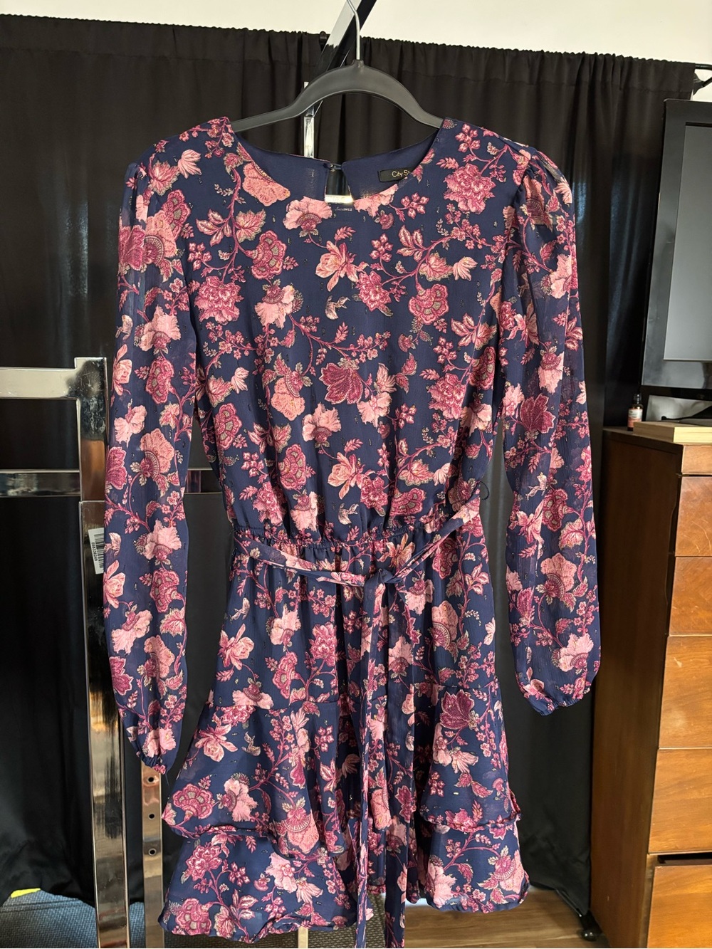 City Studio Navy Floral Long-Sleeve Belted Mini Dress